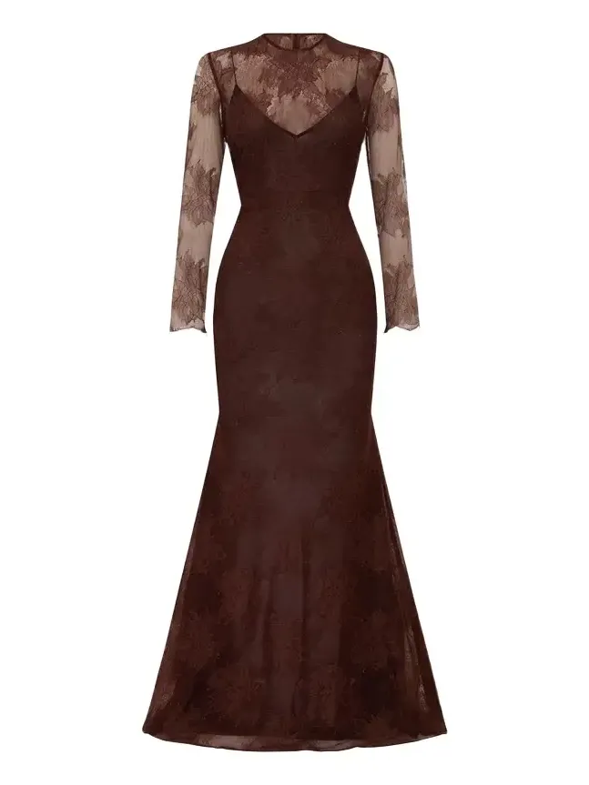 Alex Perry Sheer Lace Long-Sleeve Trumpet Gown