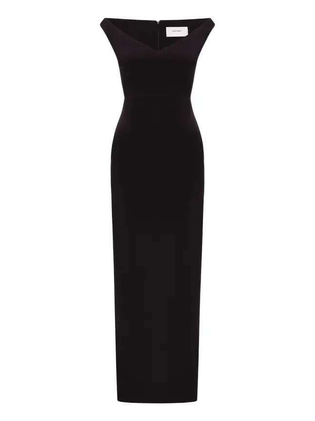 Off-The-Shoulder V-Neck Satin Crepe Gown