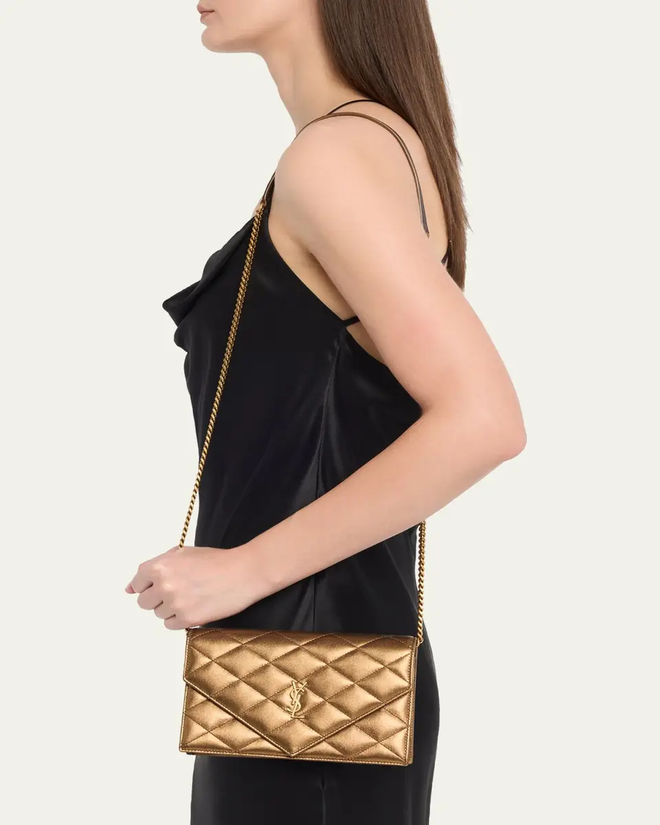 Saint Laurent Envelope Small YSL Wallet on Chain in Metallic Leather | Thumbnail 2
