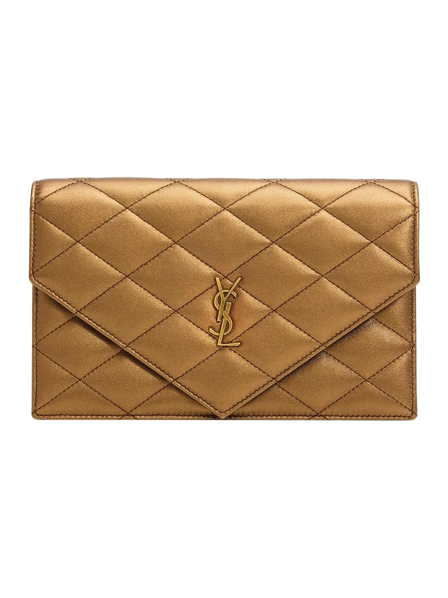 Envelope Small YSL Wallet on Chain in Metallic Leather Envelope Small YSL Wallet on Chain in Metallic Leather