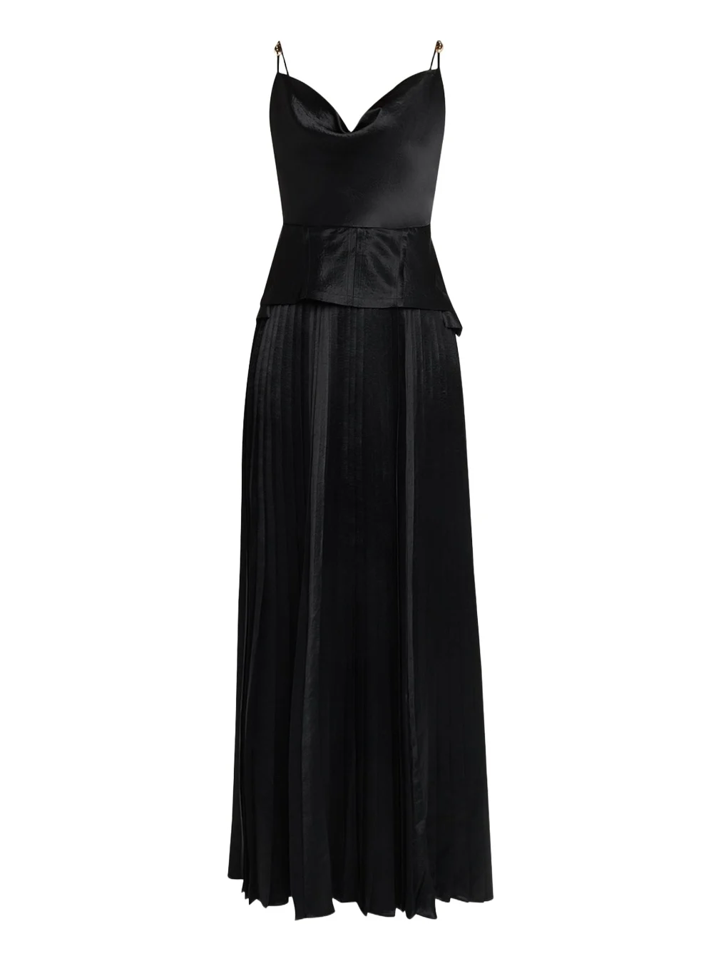 Cowl-Neck Pleated Satin Peplum Gown