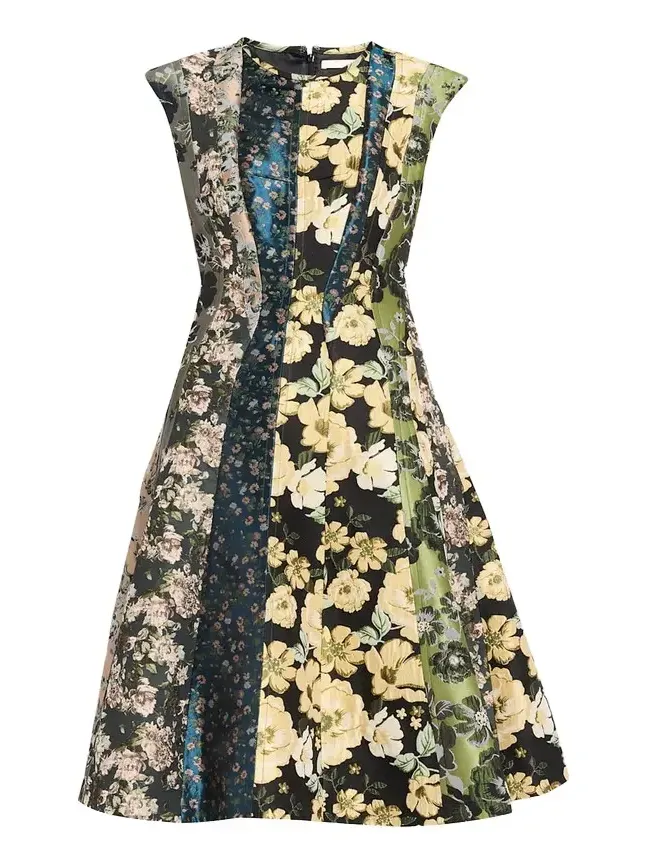 Mixed Floral Silk Jacquard Patchwork Midi Dress