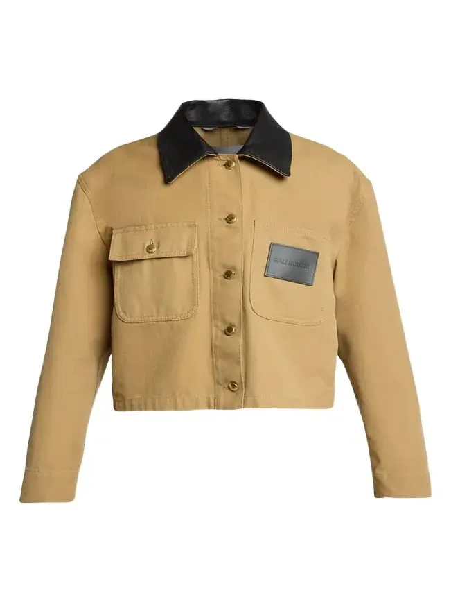 Balenciaga Leather-Collar Cropped Canvas Workwear Jacket