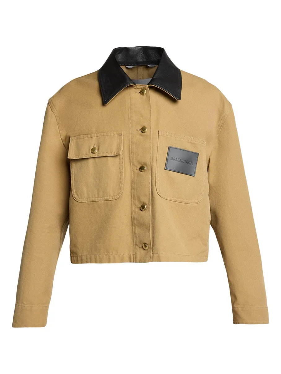Balenciaga Leather-Collar Cropped Canvas Workwear Jacket
