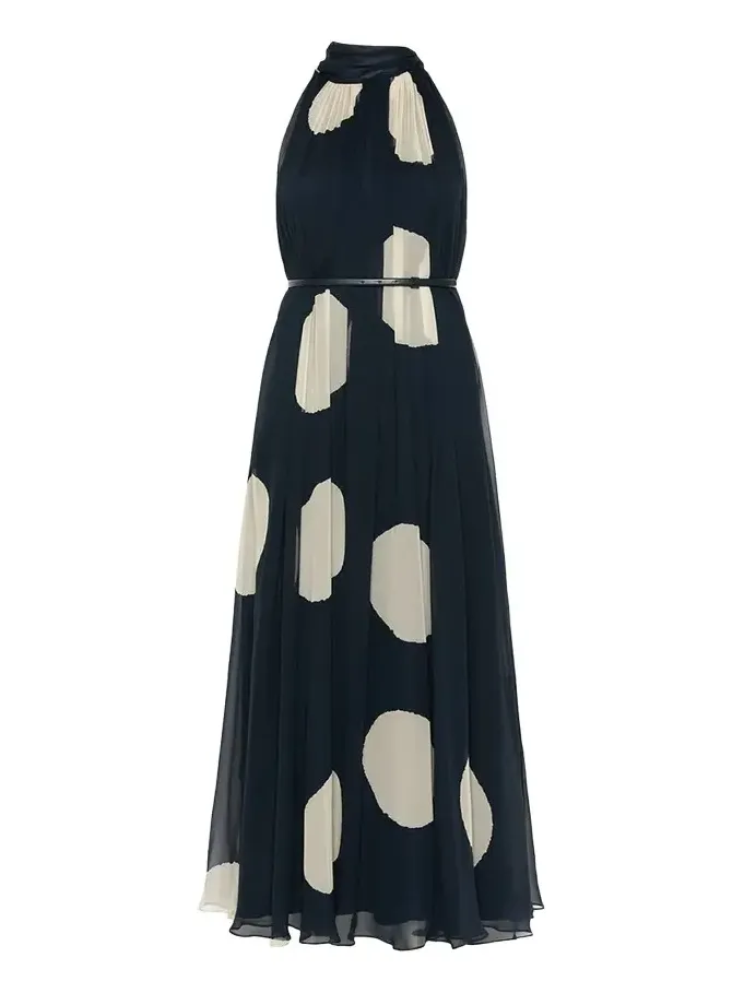 Polka-Dot Silk Chiffon Scarf-Neck Halter Maxi Dress Polka-Dot Silk Chiffon Scarf-Neck Halter Maxi Dress