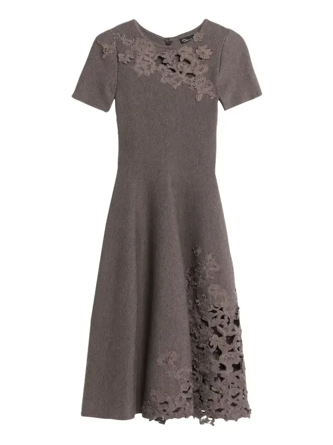 Short-Sleeve Lace-Inset Wool Knit Midi Dress