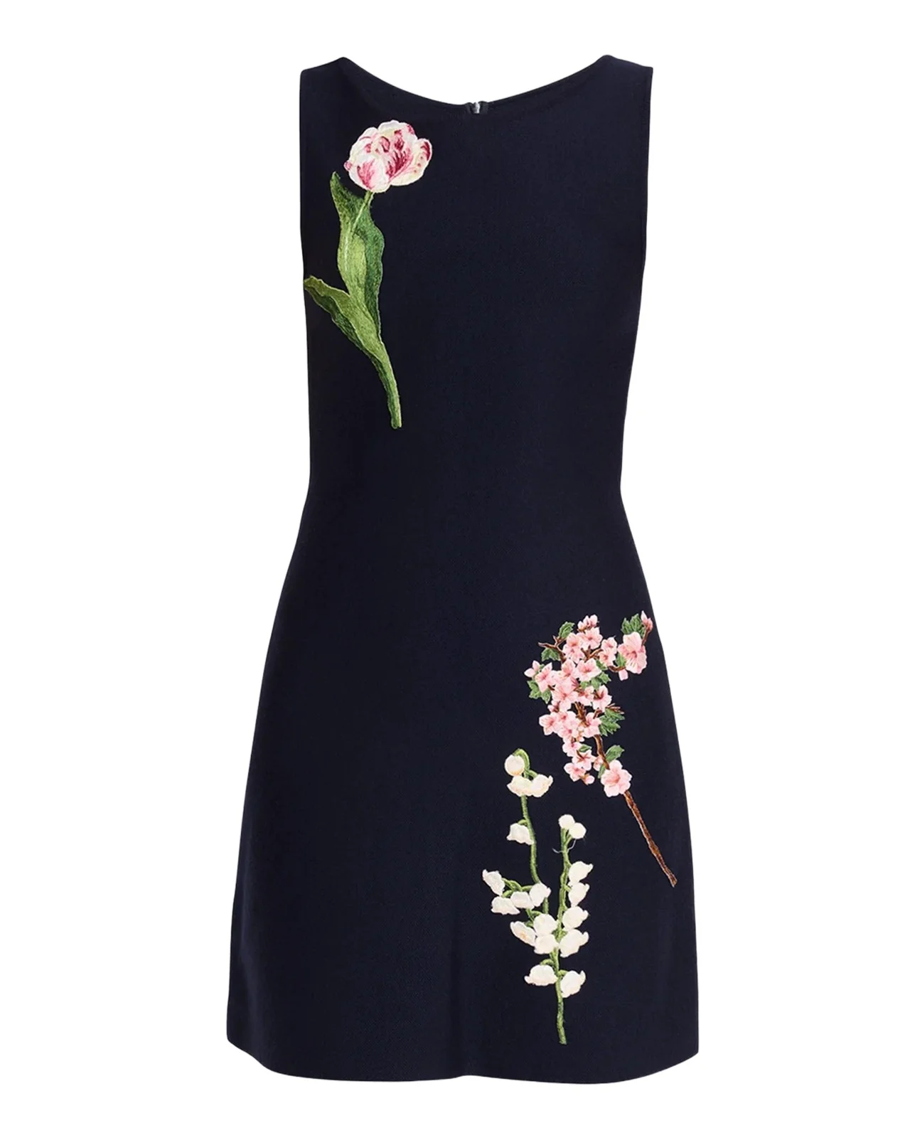 Oscar de la Renta Sleeveless Floral Embroidered Wool Knit Mini Dress