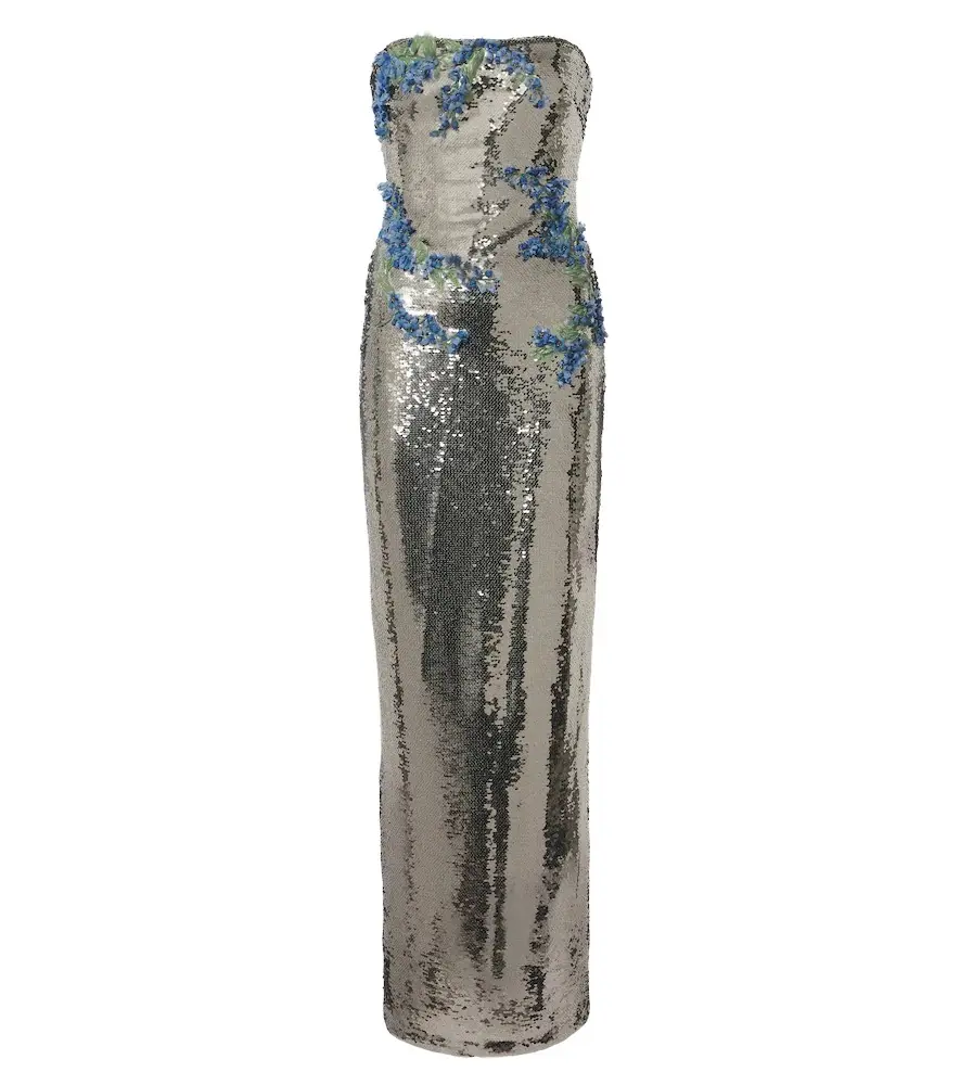 MONIQUE LHUILLIER Floral-appliqué sequined bustier gown | Image 1 MONIQUE LHUILLIER Floral-appliqué sequined bustier gown | Image 1