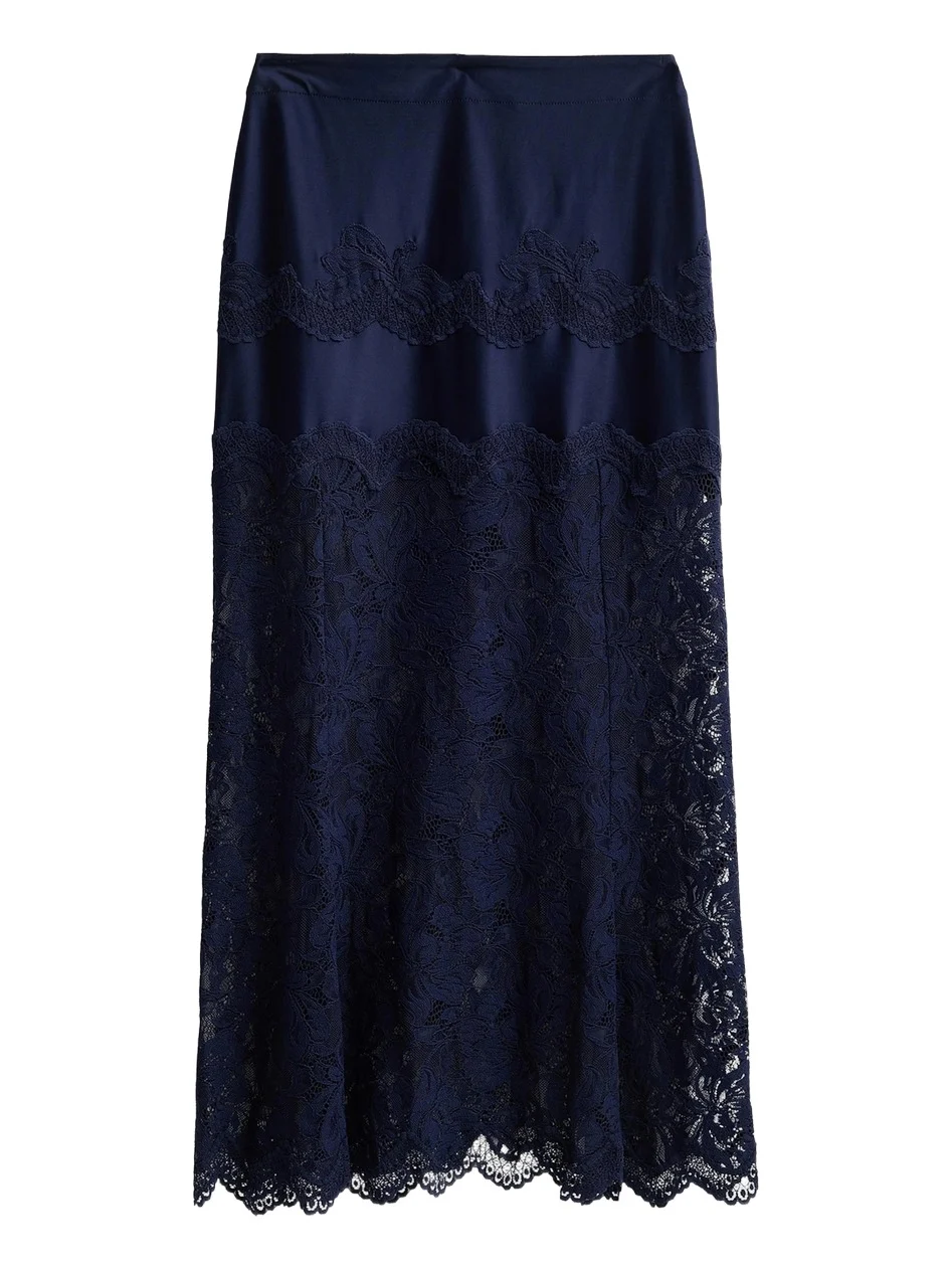 Rabanne Women's Lace Satin Midi Skirt | Thumbnail 1 Rabanne Women's Lace Satin Midi Skirt | Thumbnail 1