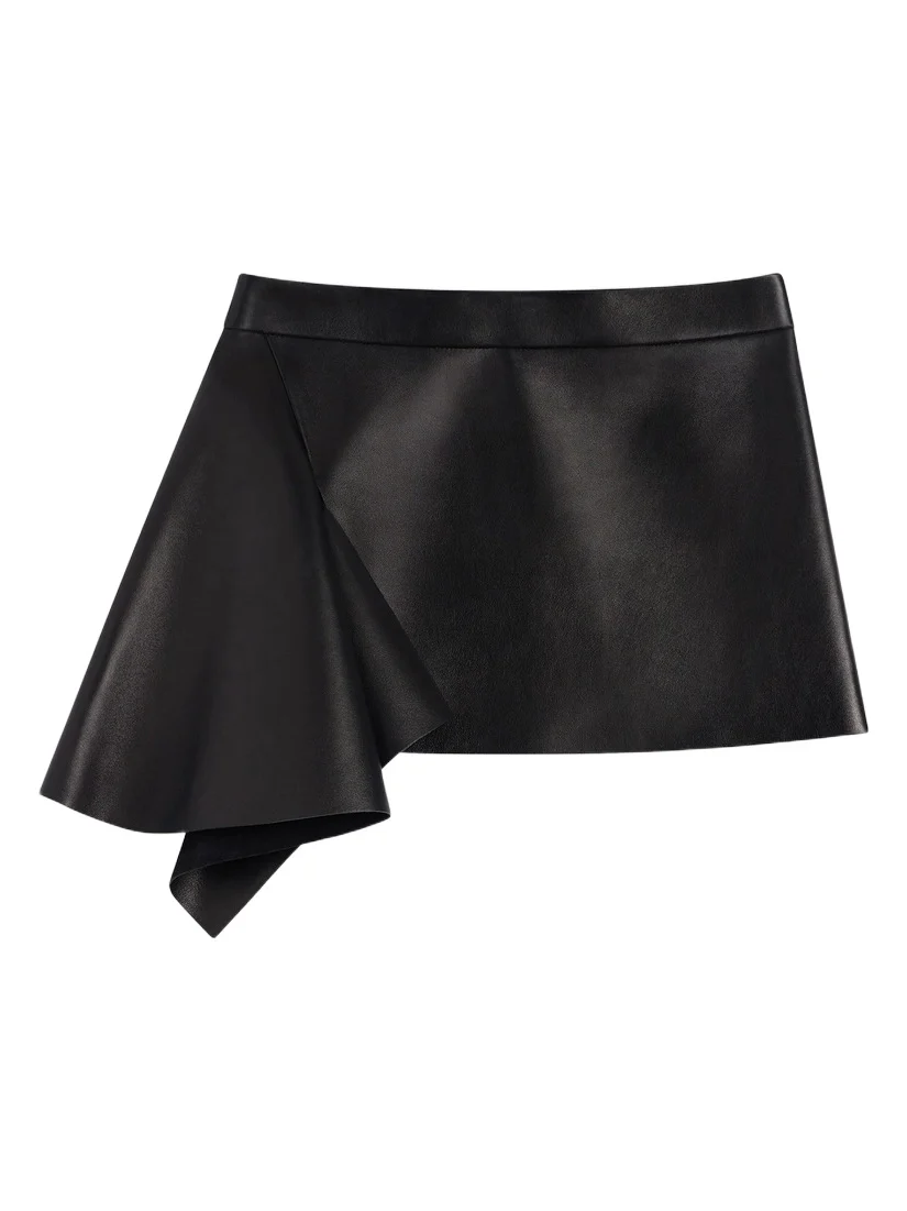 Women's Slashed Mini Skirt in Leather - Black