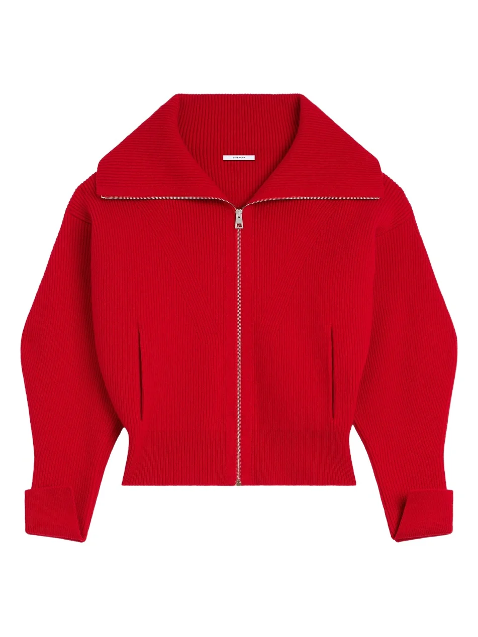 Women's Zipped Cardigan in Wool and Cashmere - Red