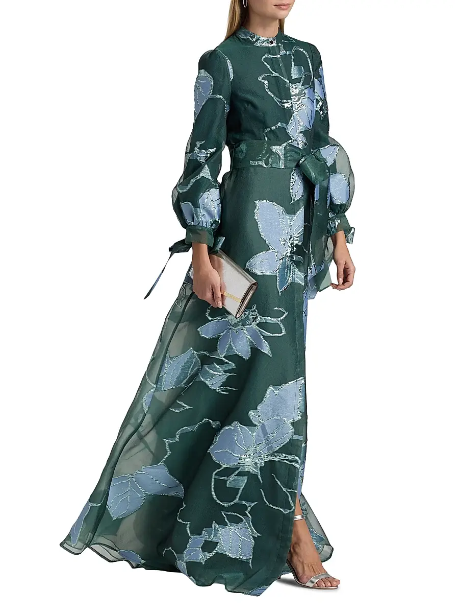 Teri Jon by Rickie Freeman Women's Metallic Floral Jacquard Gown | Thumbnail 2