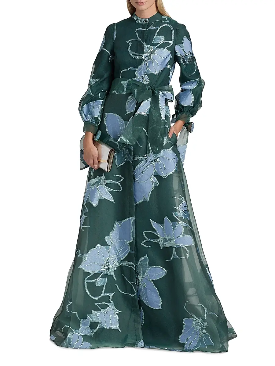 Teri Jon by Rickie Freeman Women's Metallic Floral Jacquard Gown | Thumbnail 3