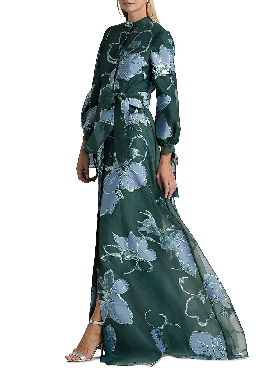 Teri Jon by Rickie Freeman Women's Metallic Floral Jacquard Gown | Thumbnail 4