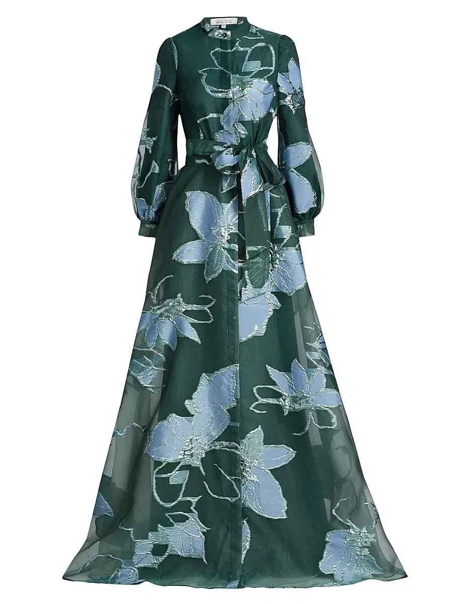 Teri Jon by Rickie Freeman Women's Metallic Floral Jacquard Gown