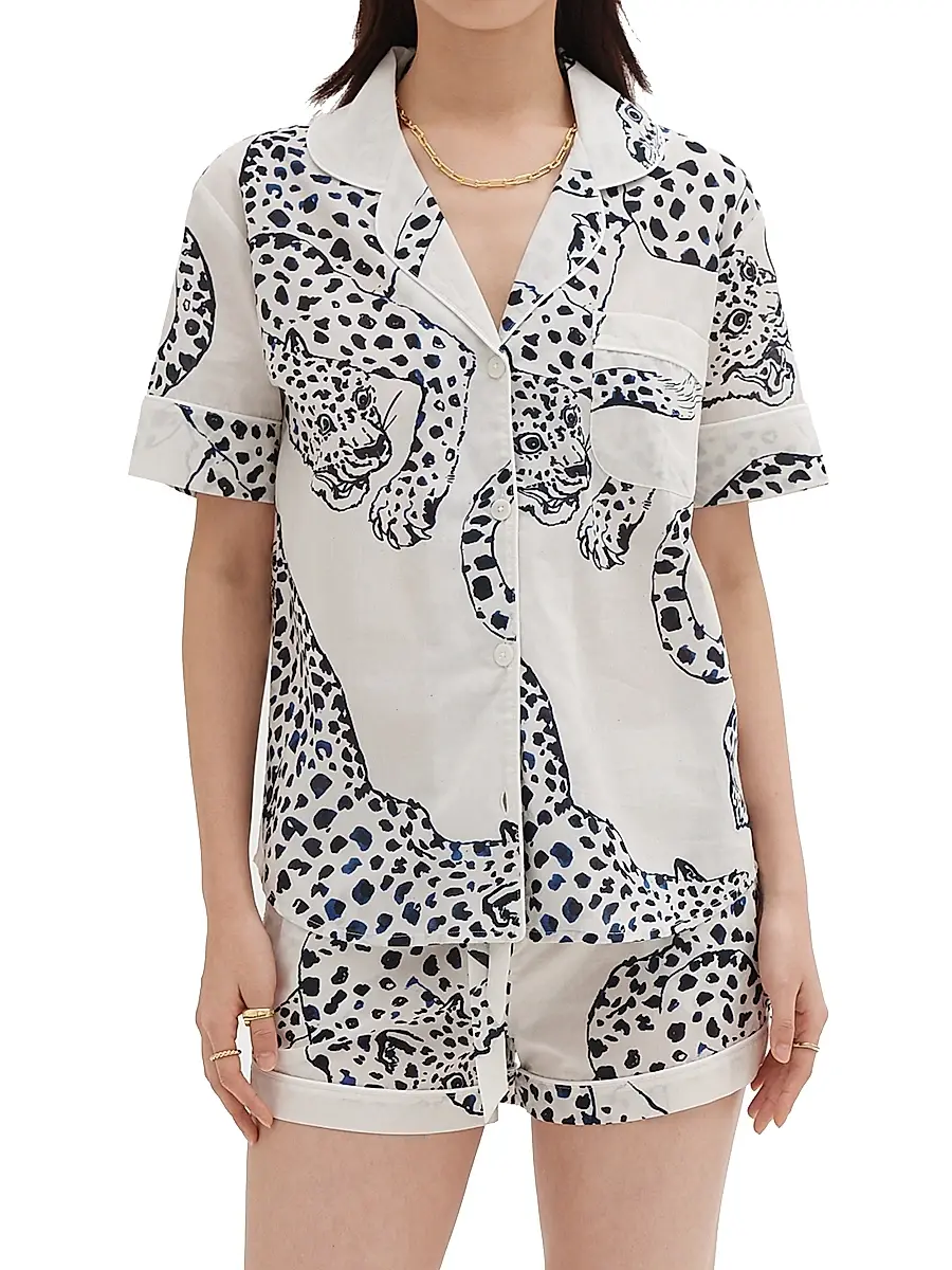 Desmond & Dempsey Women's Jaguar Print Cotton Short Pajama Set - Cream | Thumbnail 2 Desmond & Dempsey Women's Jaguar Print Cotton Short Pajama Set - Cream | Thumbnail 2