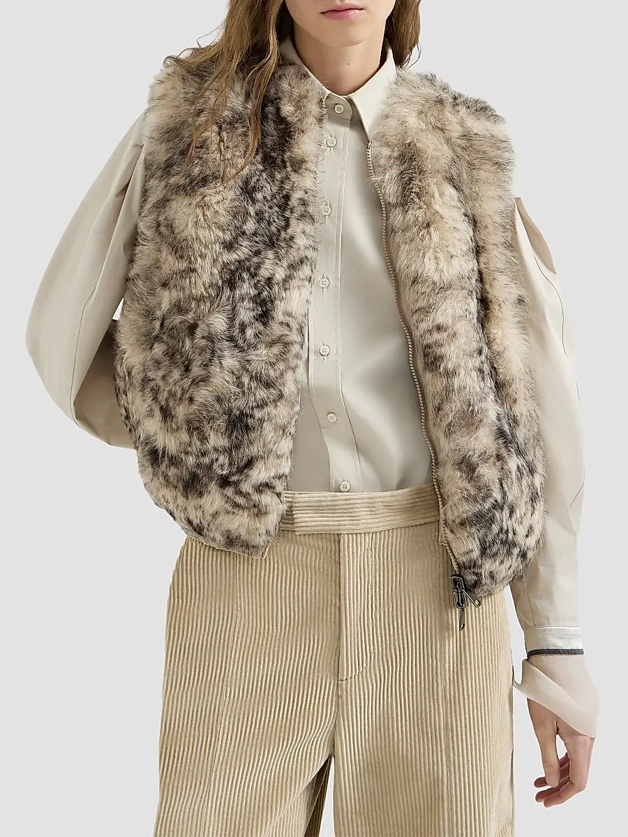 Brunello Cucinelli Women's Lynx-Effect Shearling Reversible Vest | Thumbnail 2 Brunello Cucinelli Women's Lynx-Effect Shearling Reversible Vest | Thumbnail 2