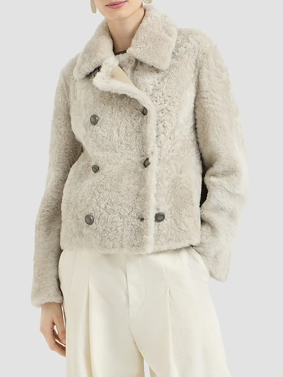 Brunello Cucinelli Women's Fuzzy Shearling Pea Coat | Thumbnail 2
