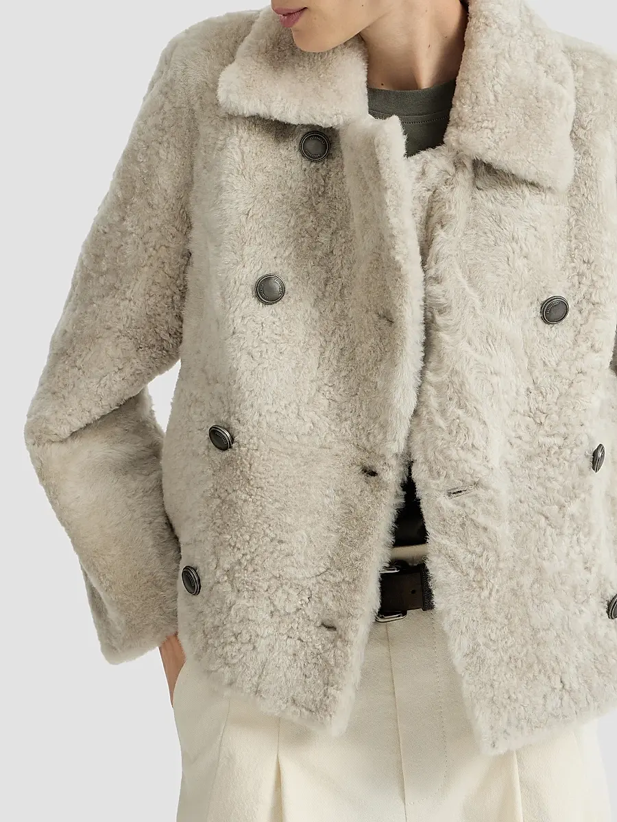 Brunello Cucinelli Women's Fuzzy Shearling Pea Coat | Thumbnail 4
