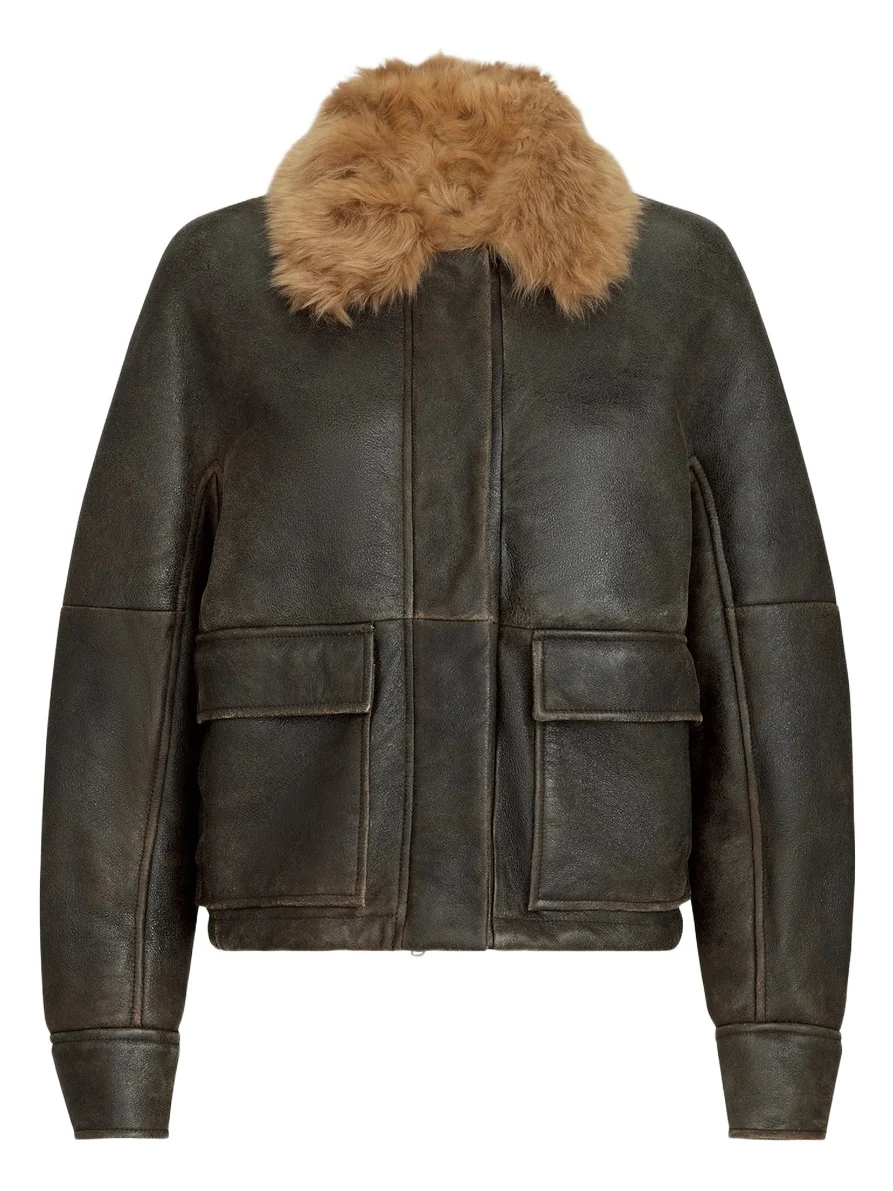 Women's Vintage-Effect Shearling Aviator Coat with Monili - Vintage Brown Women's Vintage-Effect Shearling Aviator Coat with Monili - Vintage Brown