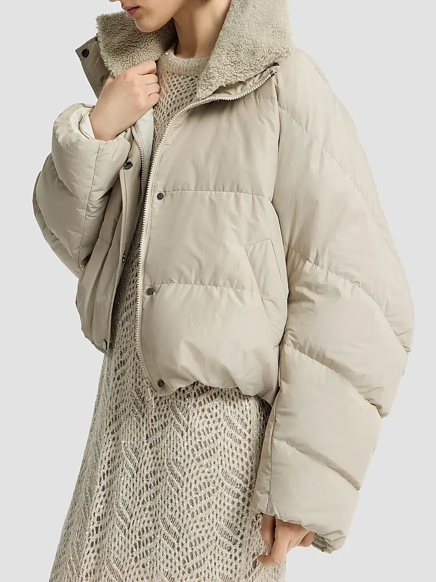 Brunello Cucinelli Women's Techno Cotton Taffeta Down Jacket with Detachable Shearling Insert | Thumbnail 5 Brunello Cucinelli Women's Techno Cotton Taffeta Down Jacket with Detachable Shearling Insert | Thumbnail 5