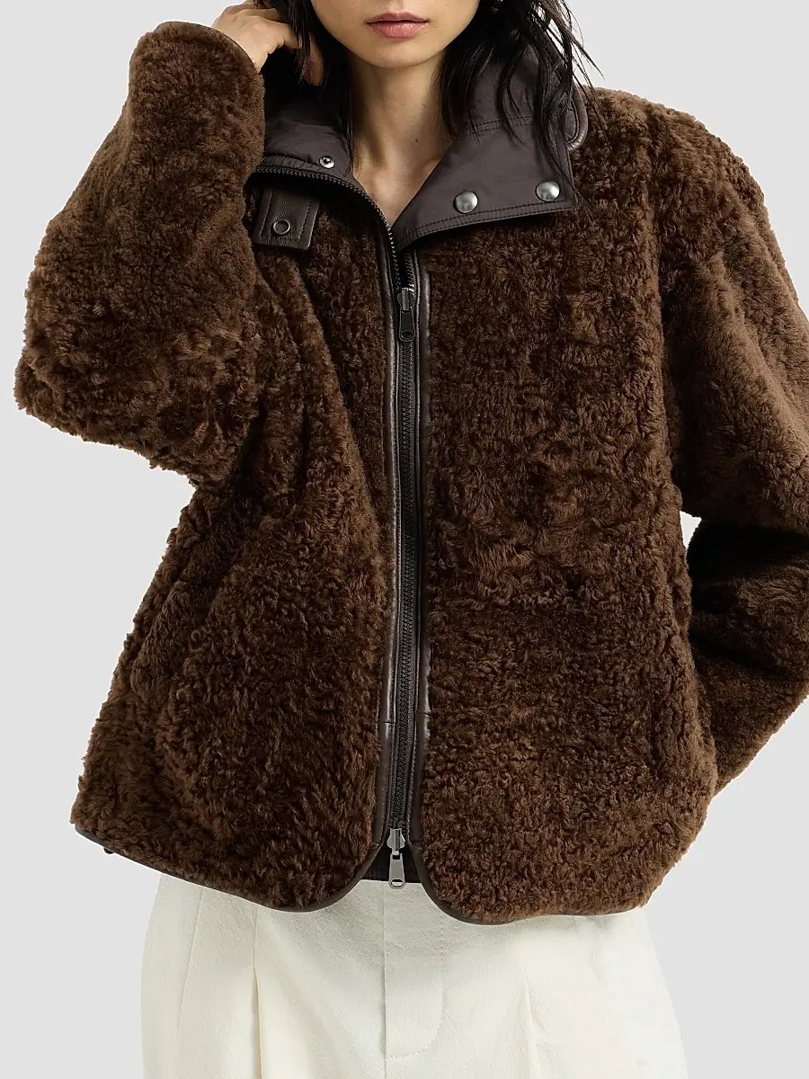 Brunello Cucinelli Women's Fuzzy Shearling Reversible Outerwear Coat with Monili - Chocolate | Thumbnail 2