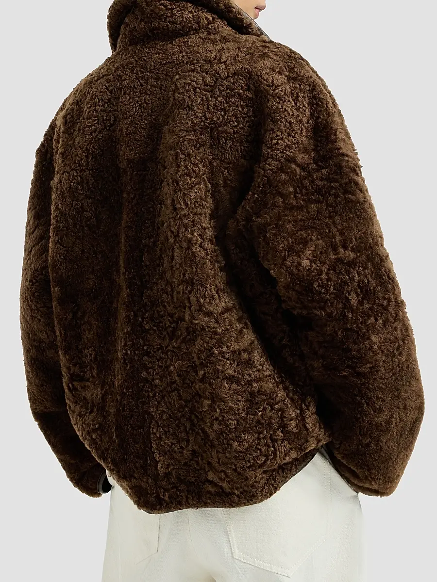 Brunello Cucinelli Women's Fuzzy Shearling Reversible Outerwear Coat with Monili - Chocolate | Thumbnail 3
