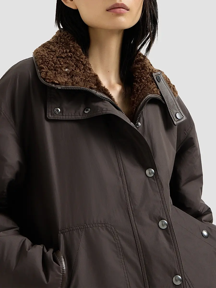 Brunello Cucinelli Women's Fuzzy Shearling Reversible Outerwear Coat with Monili - Chocolate | Thumbnail 4