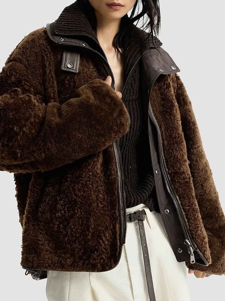 Brunello Cucinelli Women's Fuzzy Shearling Reversible Outerwear Coat with Monili - Chocolate | Thumbnail 5