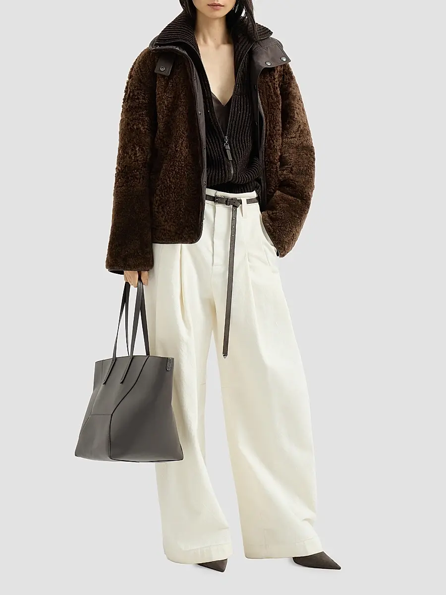 Brunello Cucinelli Women's Fuzzy Shearling Reversible Outerwear Coat with Monili - Chocolate | Thumbnail 6