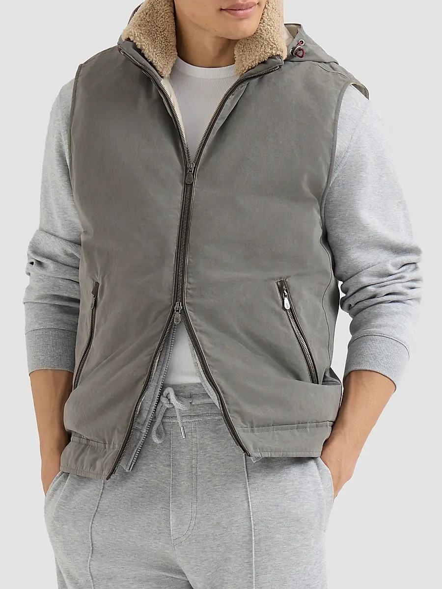Brunello Cucinelli Men's Waxed Techno Cotton Down Vest with Detachable Hood - Grey | Thumbnail 2