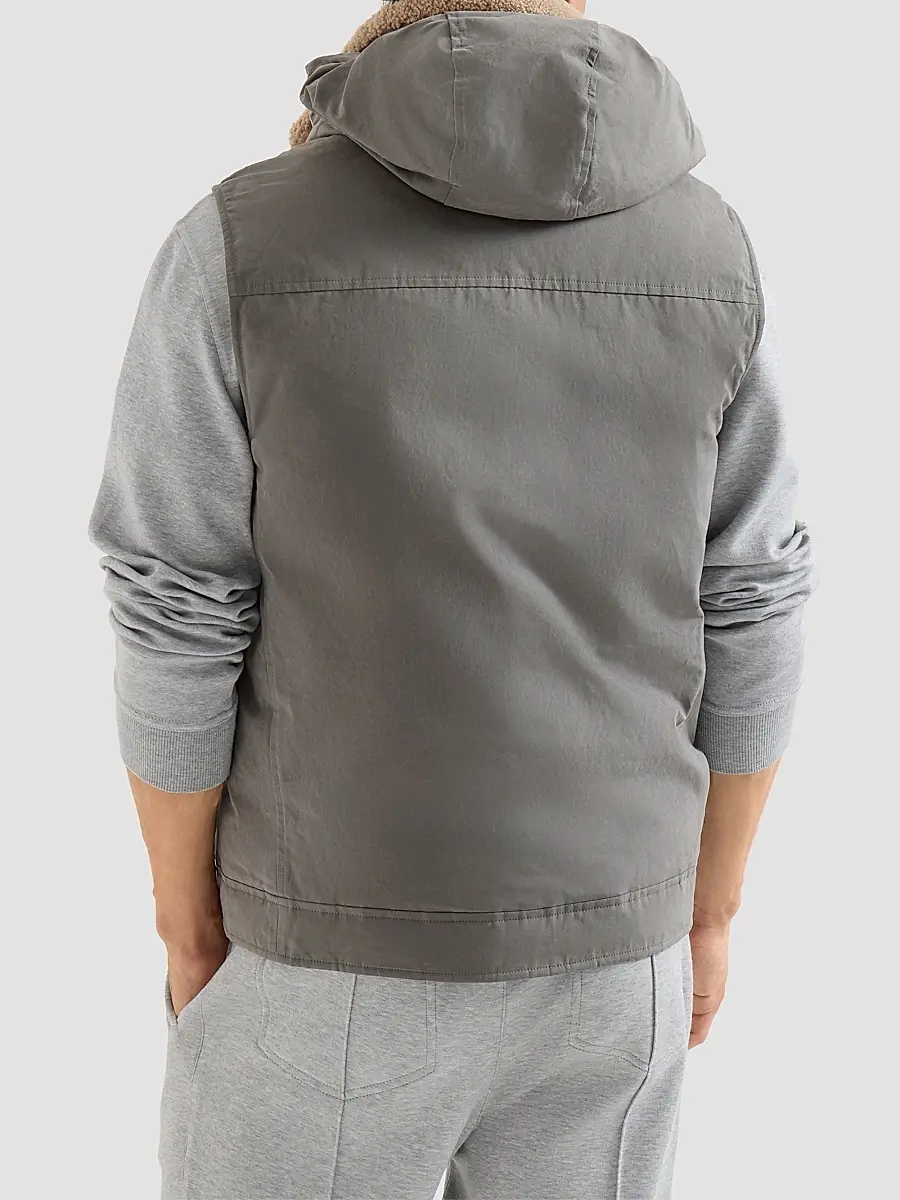 Brunello Cucinelli Men's Waxed Techno Cotton Down Vest with Detachable Hood - Grey | Thumbnail 3
