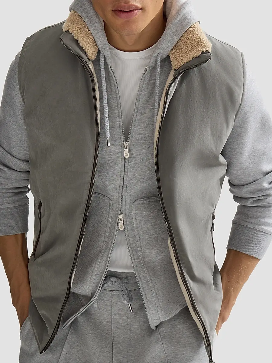 Brunello Cucinelli Men's Waxed Techno Cotton Down Vest with Detachable Hood - Grey | Thumbnail 4