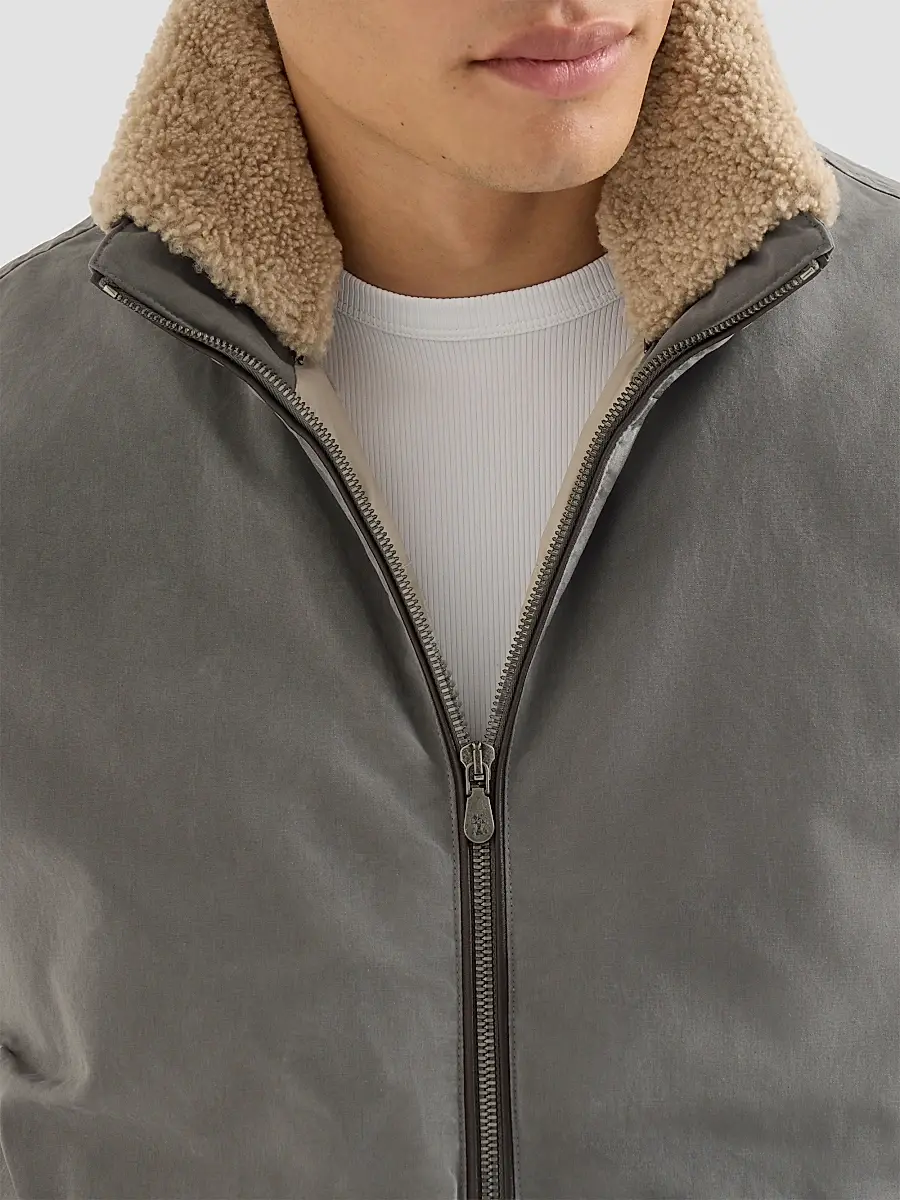 Brunello Cucinelli Men's Waxed Techno Cotton Down Vest with Detachable Hood - Grey | Thumbnail 5