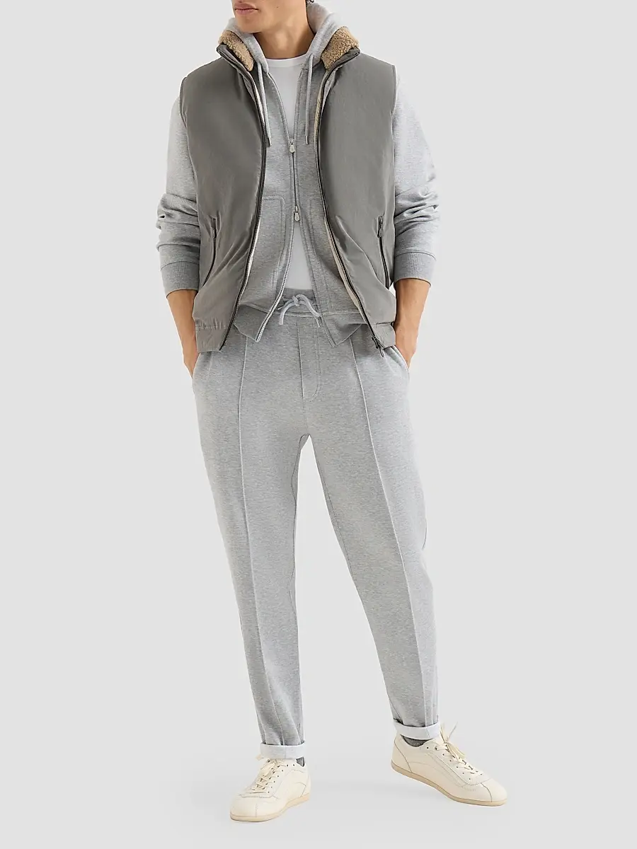 Brunello Cucinelli Men's Waxed Techno Cotton Down Vest with Detachable Hood - Grey | Thumbnail 6