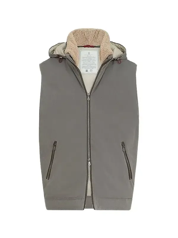 Brunello Cucinelli Men's Waxed Techno Cotton Down Vest with Detachable Hood - Grey