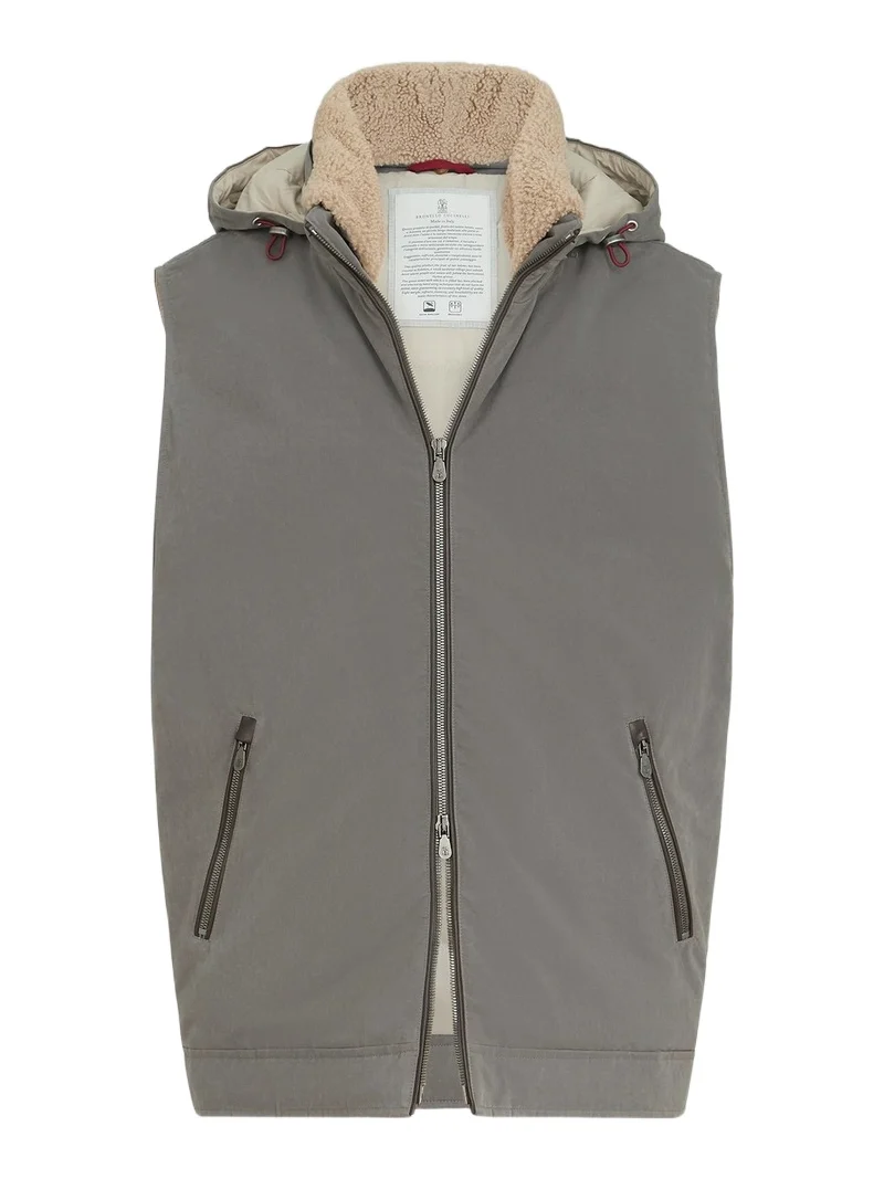 Men's Waxed Techno Cotton Down Vest with Detachable Hood - Grey