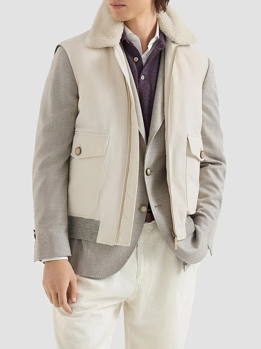 Brunello Cucinelli Men's Waxed Techno Cotton Down Vest with Detachable Shearling Collar | Thumbnail 2 Brunello Cucinelli Men's Waxed Techno Cotton Down Vest with Detachable Shearling Collar | Thumbnail 2