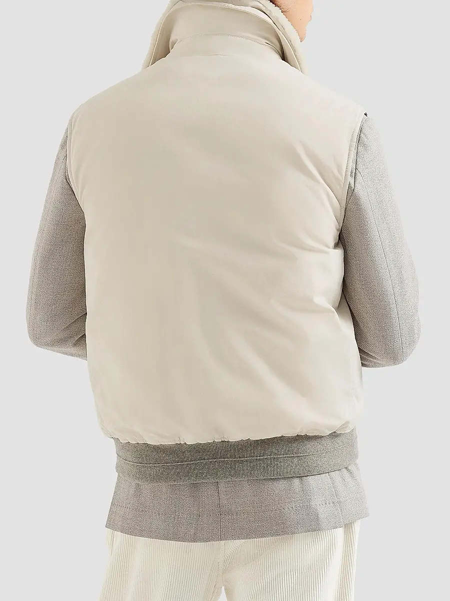Brunello Cucinelli Men's Waxed Techno Cotton Down Vest with Detachable Shearling Collar | Thumbnail 3 Brunello Cucinelli Men's Waxed Techno Cotton Down Vest with Detachable Shearling Collar | Thumbnail 3