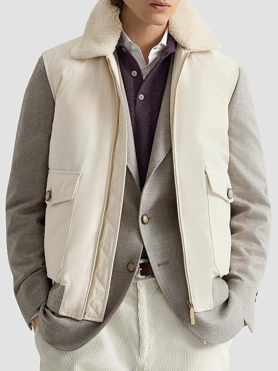 Brunello Cucinelli Men's Waxed Techno Cotton Down Vest with Detachable Shearling Collar | Thumbnail 4 Brunello Cucinelli Men's Waxed Techno Cotton Down Vest with Detachable Shearling Collar | Thumbnail 4
