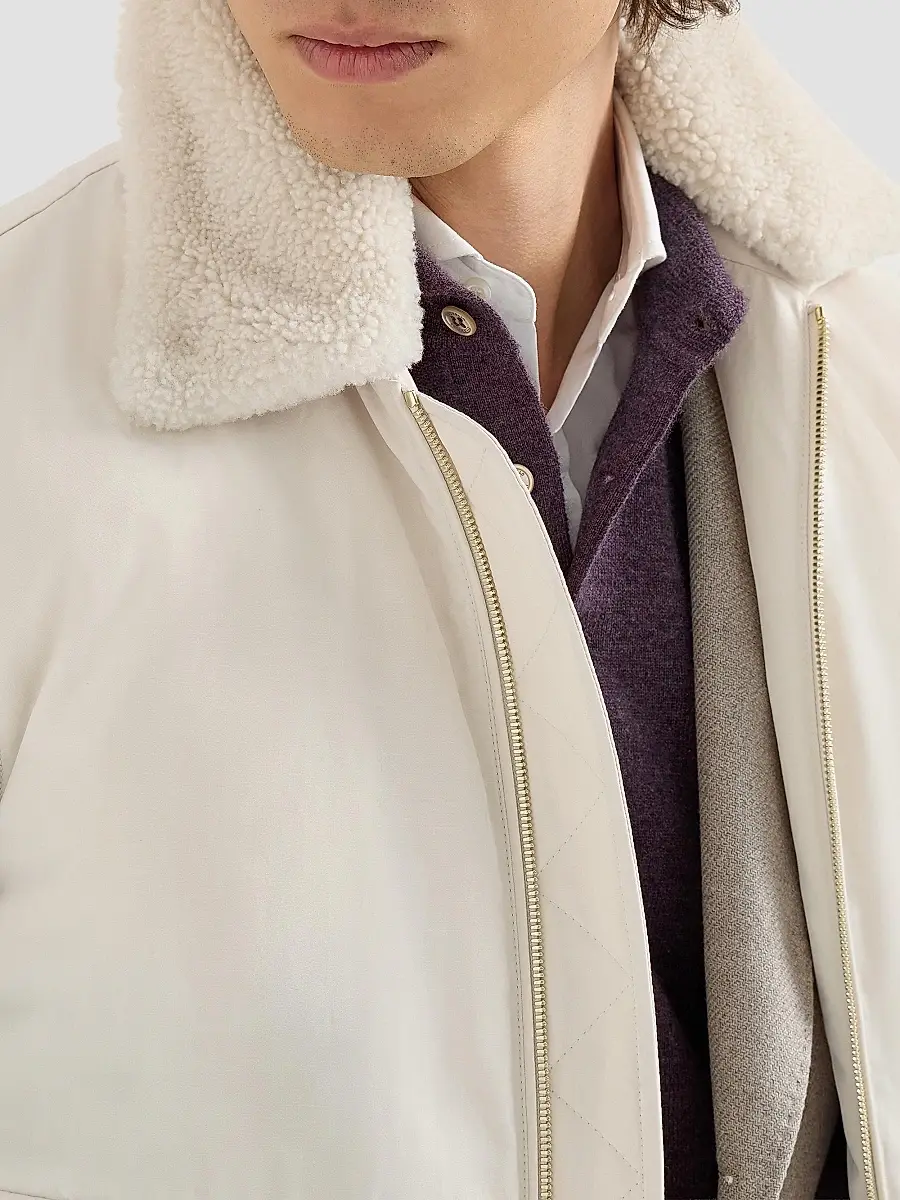 Brunello Cucinelli Men's Waxed Techno Cotton Down Vest with Detachable Shearling Collar | Thumbnail 5 Brunello Cucinelli Men's Waxed Techno Cotton Down Vest with Detachable Shearling Collar | Thumbnail 5