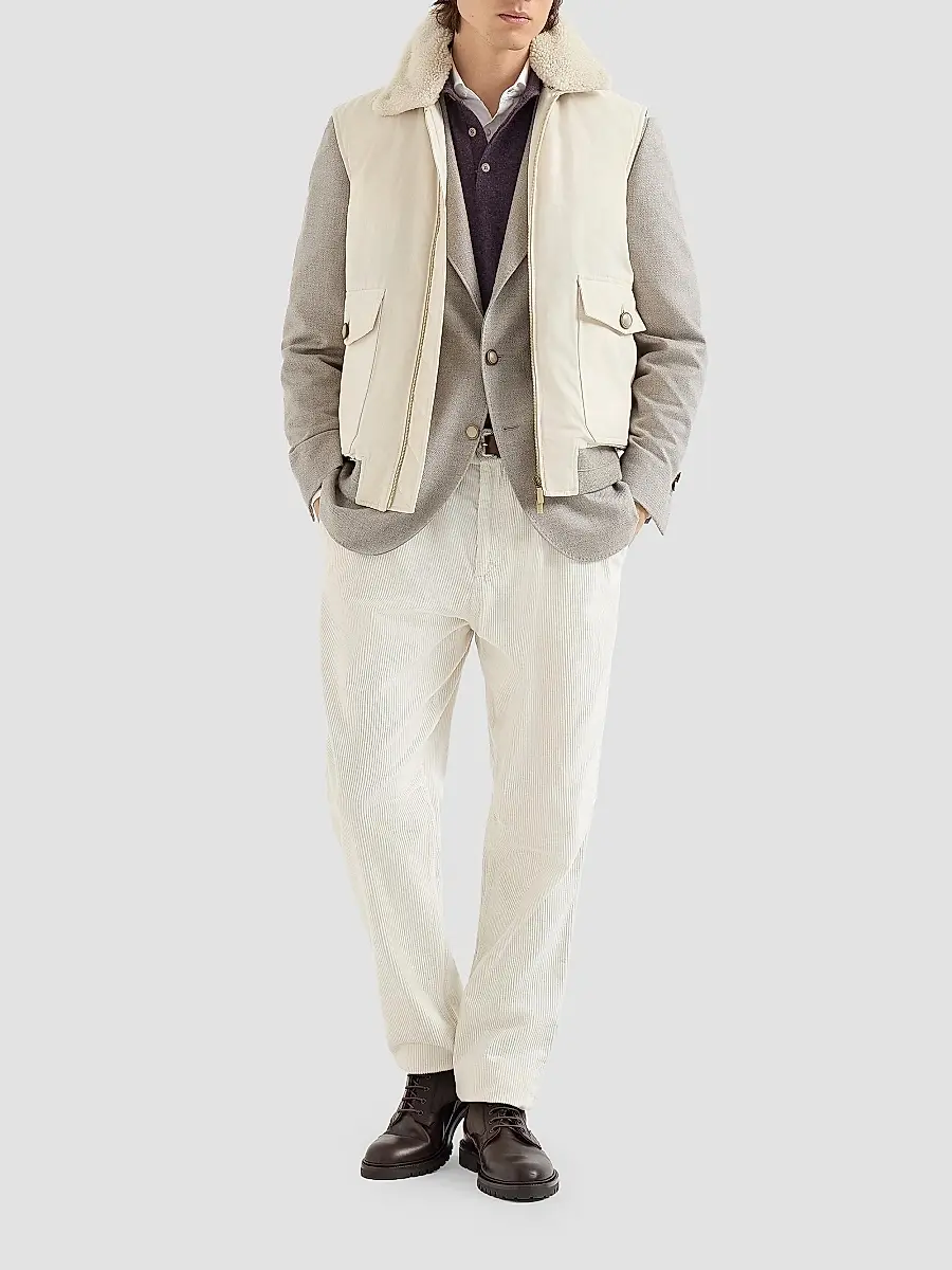 Brunello Cucinelli Men's Waxed Techno Cotton Down Vest with Detachable Shearling Collar | Thumbnail 6 Brunello Cucinelli Men's Waxed Techno Cotton Down Vest with Detachable Shearling Collar | Thumbnail 6