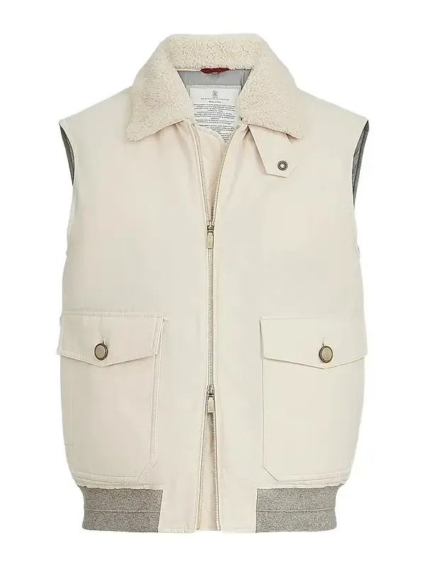 Brunello Cucinelli Men's Waxed Techno Cotton Down Vest with Detachable Shearling Collar