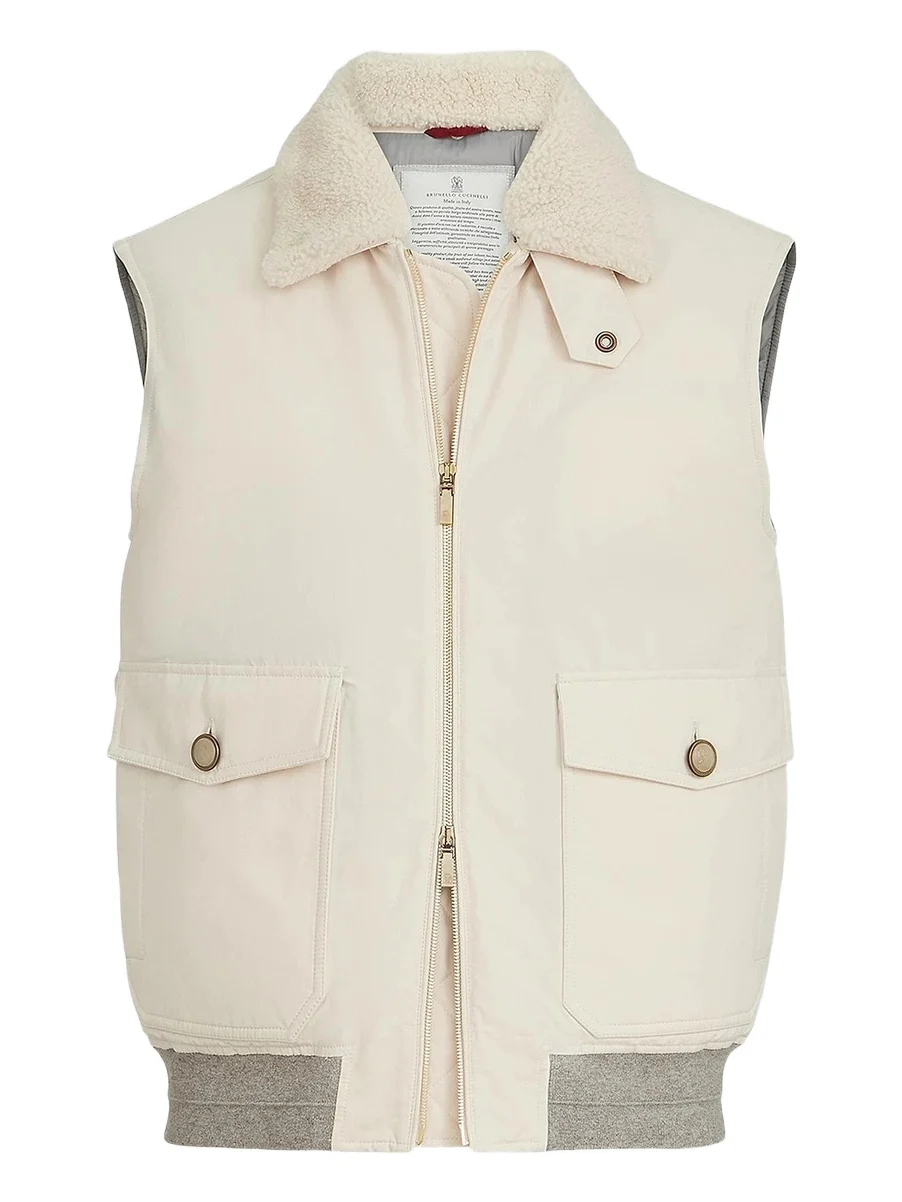 Men's Waxed Techno Cotton Down Vest with Detachable Shearling Collar Men's Waxed Techno Cotton Down Vest with Detachable Shearling Collar