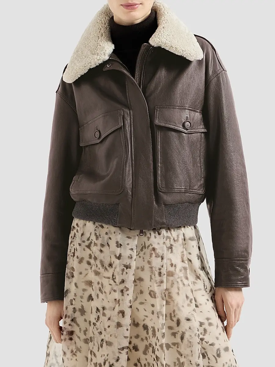 Brunello Cucinelli Women's Polished Nappa Leather Aviator Coat | Thumbnail 2 Brunello Cucinelli Women's Polished Nappa Leather Aviator Coat | Thumbnail 2