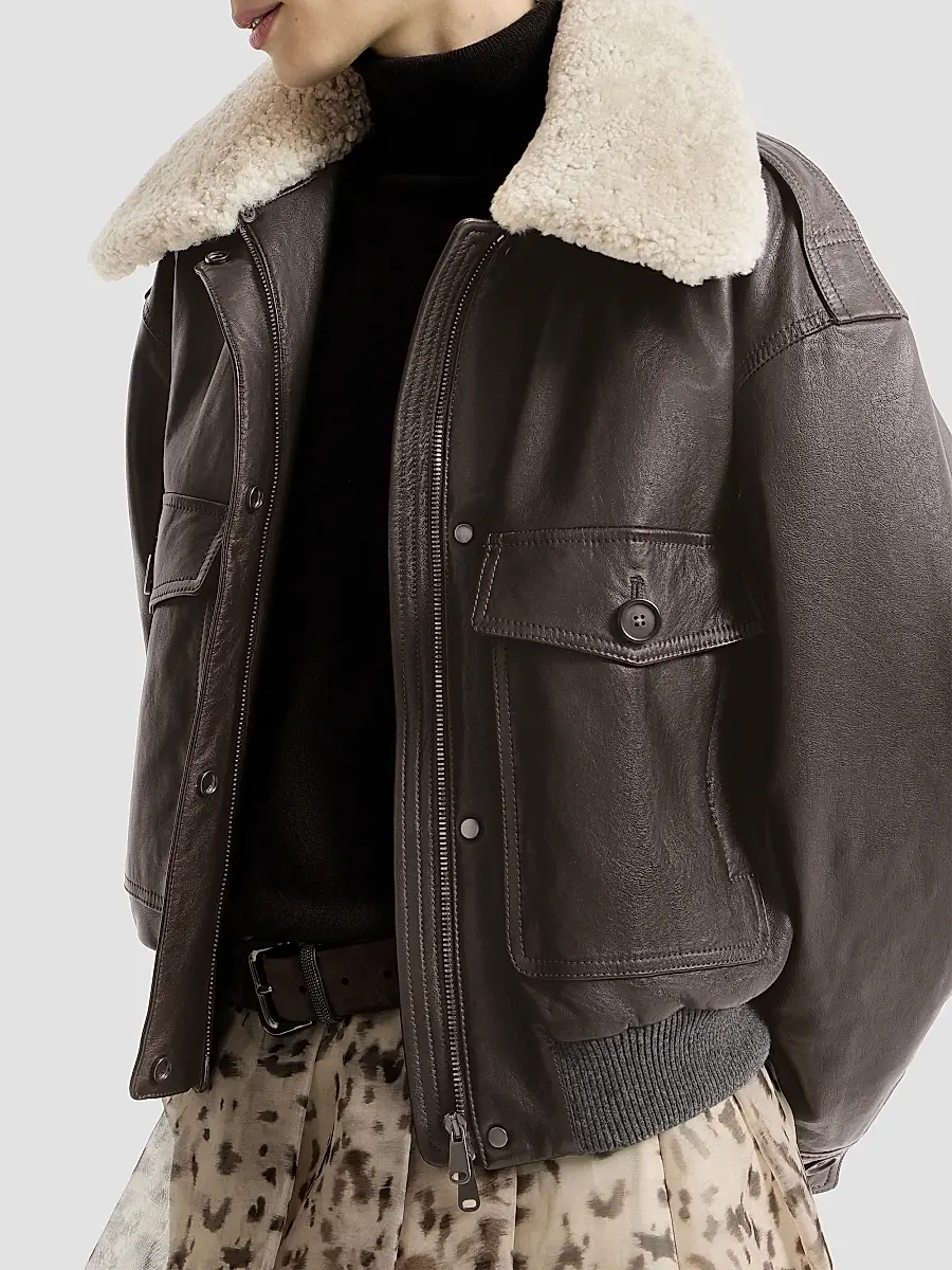 Brunello Cucinelli Women's Polished Nappa Leather Aviator Coat | Thumbnail 4 Brunello Cucinelli Women's Polished Nappa Leather Aviator Coat | Thumbnail 4