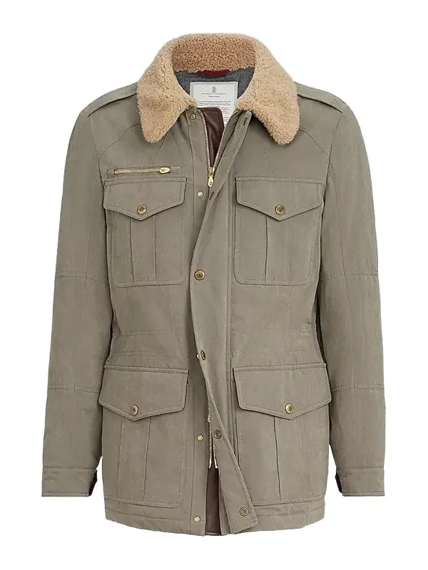 Brunello Cucinelli Men's Waxed Techno Cotton Safari Jacket with Nappa Leather Inserts and Shearling Collar - Medium Grey