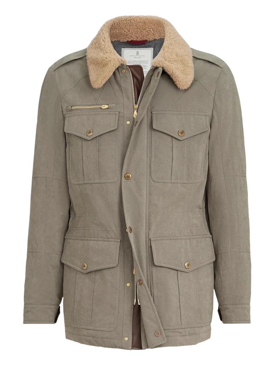 Brunello Cucinelli Men's Waxed Techno Cotton Safari Jacket with Nappa Leather Inserts and Shearling Collar - Medium Grey