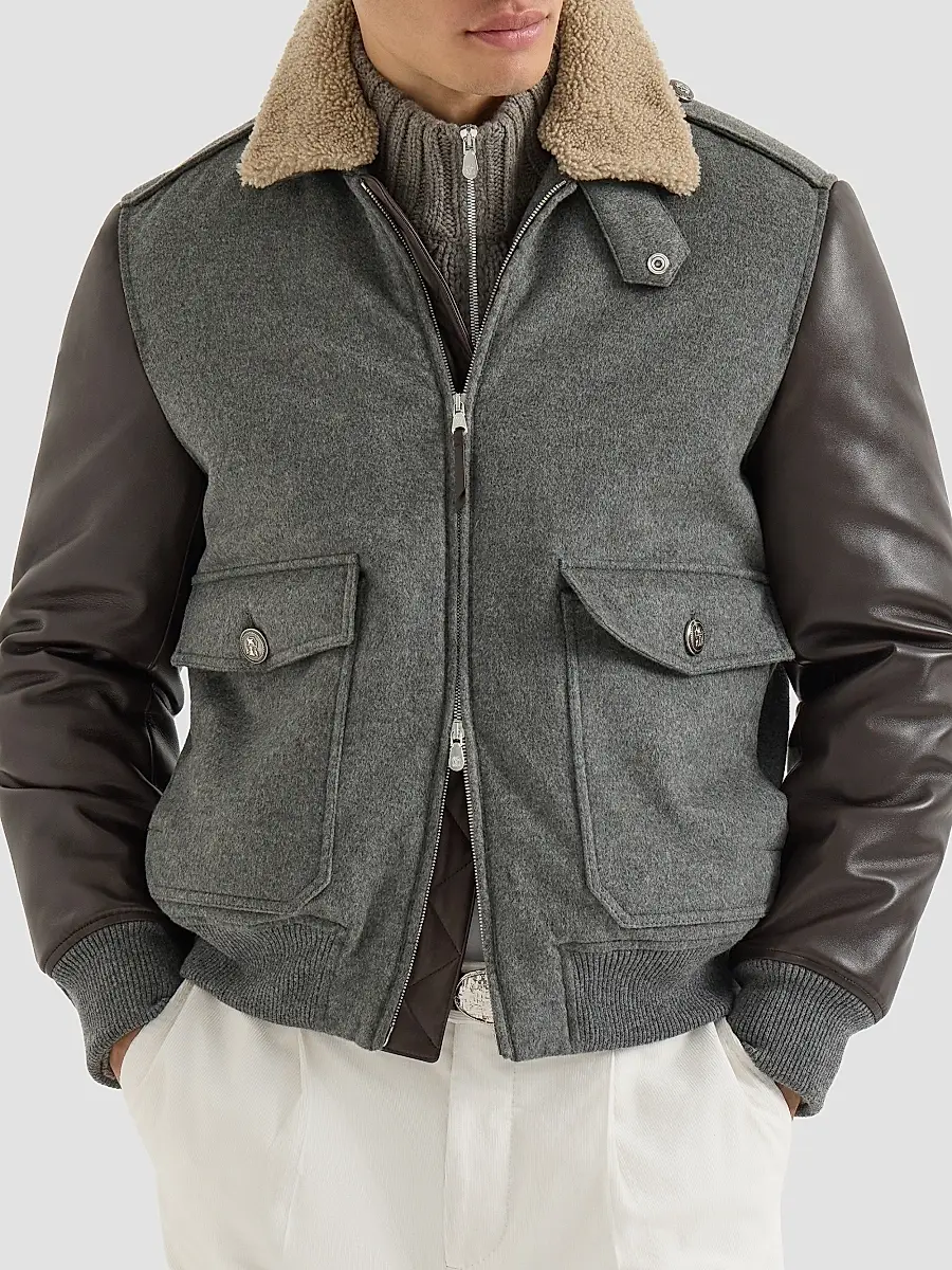 Brunello Cucinelli Men's Bonded Cashmere Beaver Cloth and Nappa Leather Bomber Jacket | Thumbnail 2 Brunello Cucinelli Men's Bonded Cashmere Beaver Cloth and Nappa Leather Bomber Jacket | Thumbnail 2
