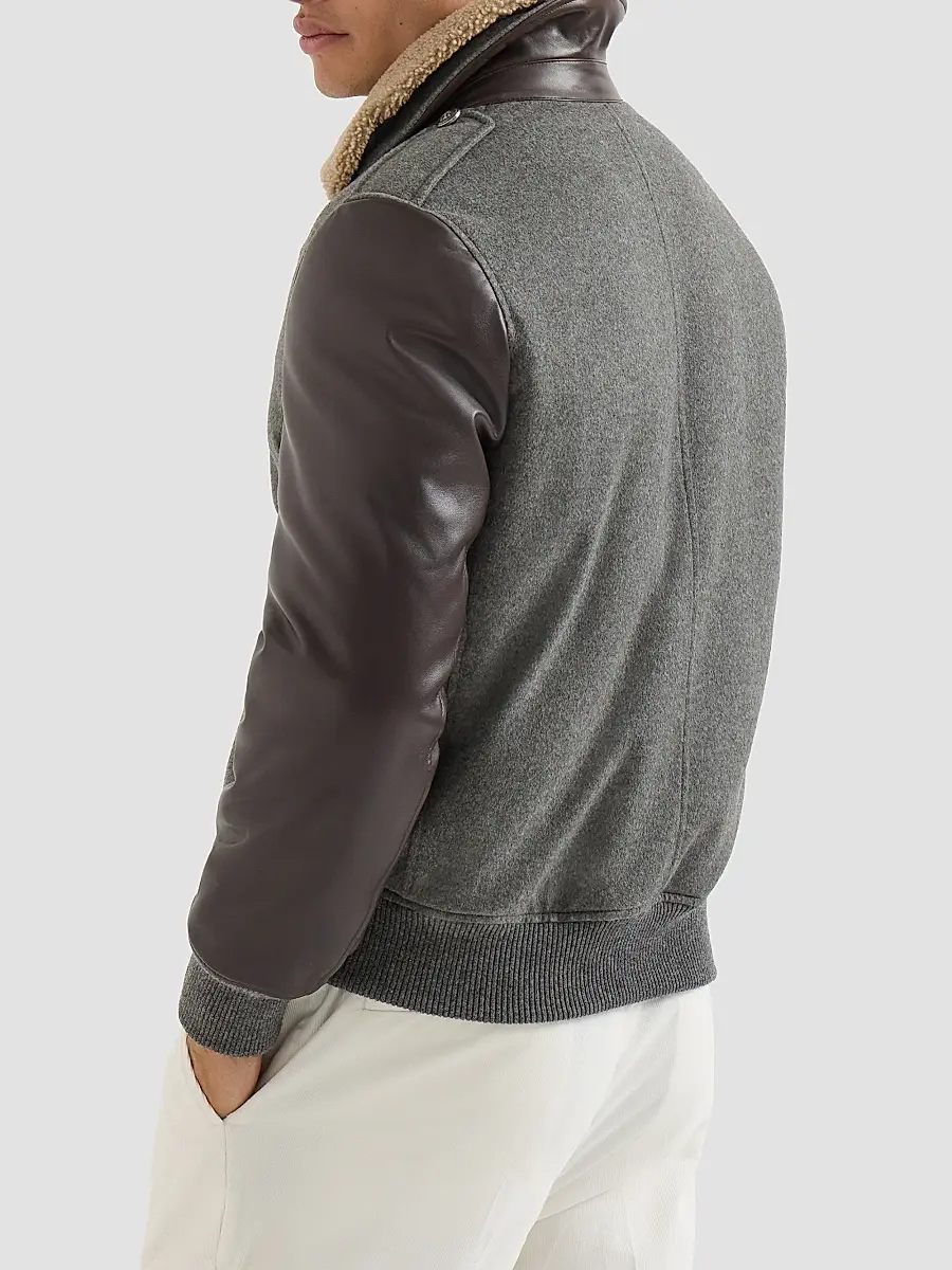 Brunello Cucinelli Men's Bonded Cashmere Beaver Cloth and Nappa Leather Bomber Jacket | Thumbnail 3 Brunello Cucinelli Men's Bonded Cashmere Beaver Cloth and Nappa Leather Bomber Jacket | Thumbnail 3